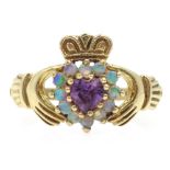 9ct gold opal and amethyst Claddagh ring,