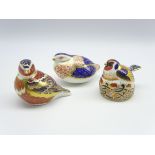 Three Royal Crown Derby paperweights; 'Goldfinch Nesting', 'Chaffinch',