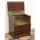 Victorian figured mahogany commode, double hinged top with green painted interior, ceramic pot,