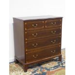 Early 19th century inlaid mahogany chest, two short and three long drawers, on bracket feet, W93cm,