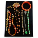 Agate bead necklaces and buckle, silver amber bracelet and jade necklace stamped 925, jade bracelet,