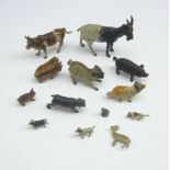 Cold painted bronze animals including a Pug, Squirrel, Goat,