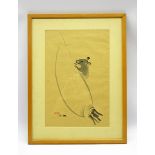 Japanese Meiji period drawing of a mouse on a radish (daikon) in pen, ink and colour,