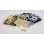 Victorian fan with mother of pearl sticks, lace and net panels, two other fans,