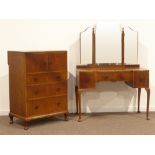 Mid 20th century walnut dressing table with bevelled triple mirror back (W115cm, H161cm, D57cm),