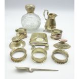 Cut glass globe scent flask with silver cover, silver cream jug, silver cigarette case,