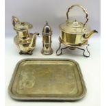 Plated spirit kettle on a spirit heater stand, 19th century plated cylindrical caster,