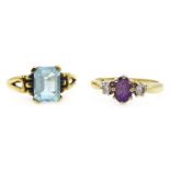 Amethyst and diamond gold ring and blue stone set ring,