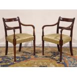 Pair George III mahogany armchairs, reeded down swept arms, collar turned supports,
