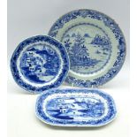 18th/ 19th century Chinese export blue and white plate decorated with Pagodas in a river landscape