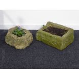 Small rough cut stone trough (27cm x 34cm), and another rectangular stone trough (48cm x 30cm),