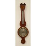 Georgian style mahogany wheel barometer, broken arch pediment, fan inlay, with thermometer,