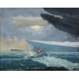 Carl Wadkin (British 20th century): Fishing Boat in Stormy Seas off the Coast,