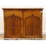 19th century elm cupboard, two ogee pointed arch doors enclosing shelves and two small drawers,