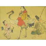 Manner of Kawanabe Kyosaio (1831-1889) Woman seated astride crane with attendants,