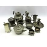 Group of 19th century and later pewter including a barrel shaped tobacco jar, another tobacco jar,