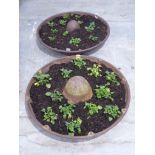 Two cast iron Mexican hat pig troughs, planted with pansies,