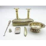 Late Victorian silver bladed and mother of pearl fruit knife, pair of silver candlesticks H 11cms,