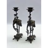 Pair of Chinese bronze 'Crane and Turtle' candlesticks, 19th Century,