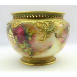 Royal Worcester Jardiniere painted with roses beneath a pierced gilded rim, signed 'M (Mary) Eaton',