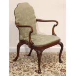 Early 20th century Queen Anne style walnut armchair, upholstered in pale green,