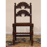 17th century oak Yorkshire/Derbyshire chair, carved scroll back and turned mounts,