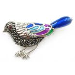 Silver plique-a-jour, enamel and marcasite bird brooch,