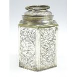 Augsburg silver hexagonal canister engraved with panels of buildings on a scrolled foliate ground,