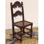 17th century oak Yorkshire/Derbyshire chair, carved scroll back,
