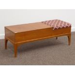 Vintage teak telephone table, hinged top and upholstered seat, 116cm x 42cm,