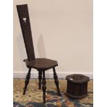 Early 20th century carved spinning chair and an Eastern carved velvet lined keep box