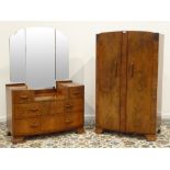 Art Deco figured walnut drop centre dressing table, triple bevelled mirror back,