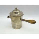 Victorian silver side pouring hot milk jug with replaced wooden handle and domed hinged cover H