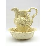 Large Peter Weldon Staffordshire cream ware jug and bowl moulded in relief sea shells,