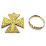 14ct gold (tested) cross pendant, engraved decoration and gold key design ring stamped K14,