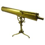 Large 19th Century brass telescope with ratchet adjustment on a tripod stand with accessories,
