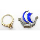 Norwegian silver and enamel ship brooch by Aksel Holmsen and silver-gilt stone ring stamped 925