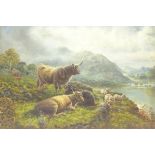 William James Smith Crampton (British 1855-1935): Highland Cattle and Sheep,