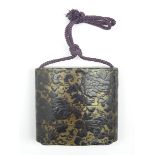 Japanese lacquer three-case Inro with peony and scrolling tendrils on a black ground 6cms Sq-