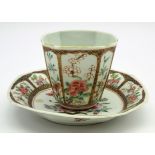 Chinese Quianlong famille rose tea bowl and saucer of panel sided square design painted with a