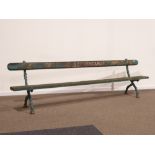 19th century railway bench, wood slatted with cast iron supports, with 'Ravenscar' plaque,