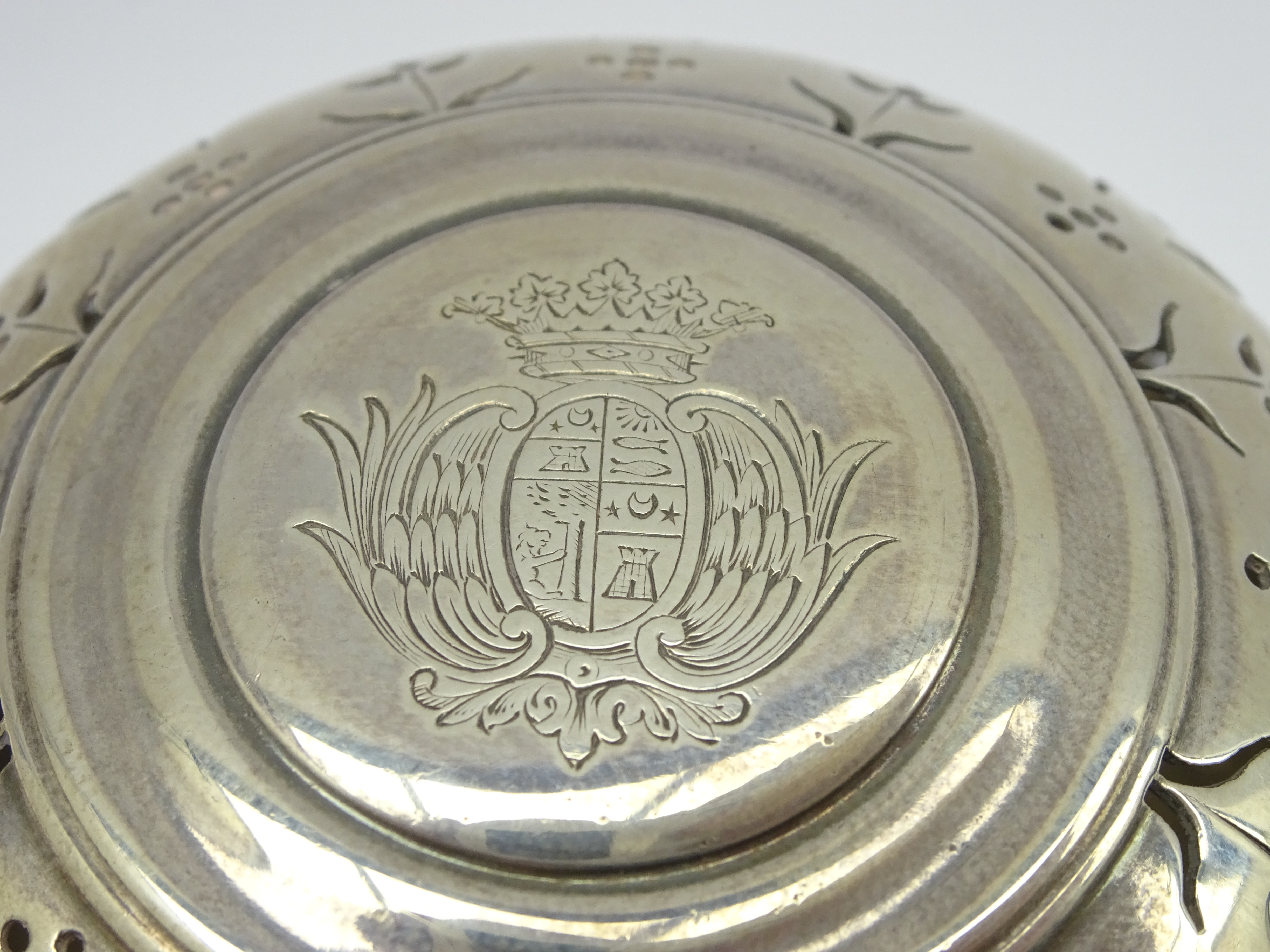French silver sponge box of circular design with pierced cover and engraved with a coat of arms on - Image 2 of 3