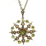 Edwardian peridot and seed pearl gold (tested 15 carat) pendant/brooch on gold chain necklace