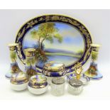 Noritake hand painted eight piece dressing table set and two early 20th century glass dressing