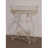 White painted wirework basket planter, wrought iron twist scrolled supports with undertier, W90cm,