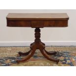 William IV mahogany tea table, fold over rectangular swivel top, turned pedestal,