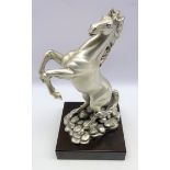 Italian silver coated model of a rearing horse on a wooden base,