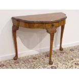 20th century walnut console table, figured and banded shaped top, single drawer,