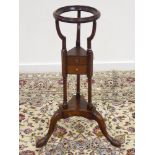 19th century elm and oak tripod wash basin stand, two small drawers, three splayed supports,