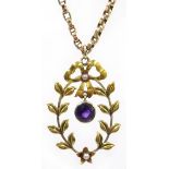 Gold amethyst and seed pearl pendant stamped 15ct, on gold chain necklace stamped 9c, approx 15.